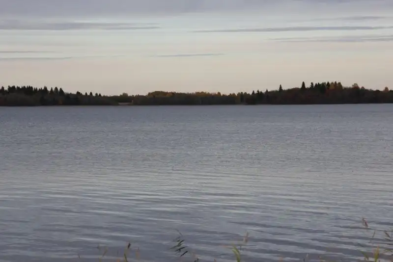 Ein See mit stillem Wasser in der Morgendämmerung